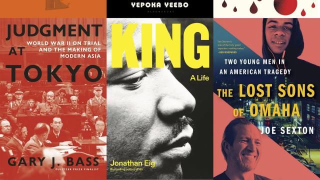 This combination of book cover images shows some of the finalists for the Mark Lynton History and the Lukas Book Prizes, top row from left, "American Gun: The True Story of the AR-15" by Cameron McWhirter and Zusha Elinson, “Anansi’s Gold: The Man Who Looted the West, Outfoxed Washington, and Swindled the World" by Yepoka Yeebo, “Blood Farm: The Explosive Big Pharma Scandal that Altered the AIDS Crisis” by Cara McGoogan, bottom row from left, “Judgment at Tokyo: World War II on Trial and the Making of Modern Asia" by Gary J. Bass, "King: A Life" by Jonathan Eig and "The Lost Sons of Omaha: Two Young Men in an American Tragedy” by Joe Sexton. (FSG/Bloomsbury/Diversion Books/Knopf/FSG/Scribner via AP) This combination of book cover images shows some of the finalists for the Mark Lynton History and the Lukas Book Prizes, top row from left, "American Gun: The True Story of the AR-15" by Cameron McWhirter and Zusha Elinson, “Anansi’s Gold: The Man Who Looted the West, Outfoxed Washington, and Swindled the World" by Yepoka Yeebo, “Blood Farm: The Explosive Big Pharma Scandal that Altered the AIDS Crisis” by Cara McGoogan, bottom row from left, “Judgment at Tokyo: World War II on Trial and the Making of Modern Asia" by Gary J. Bass, "King: A Life" by Jonathan Eig and "The Lost Sons of Omaha: Two Young Men in an American Tragedy” by Joe Sexton. (FSG/Bloomsbury/Diversion Books/Knopf/FSG/Scribner via AP)