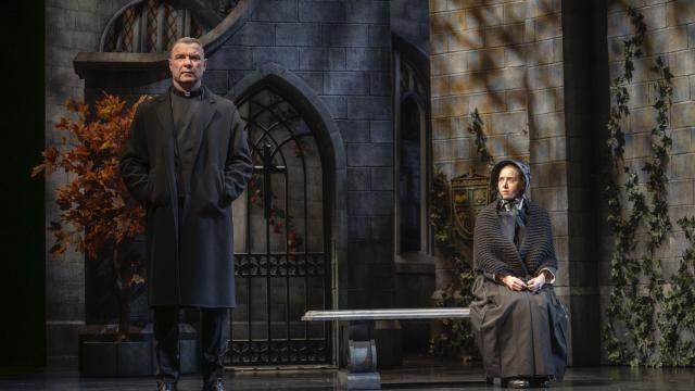 This image released by Polk & Co. shows Liev Schreiber as Father Flynn, left, and Zoe Kazan as Sister James, in Roundabout Theatre Company's new Broadway production of "Doubt: A Parable" by John Patrick Shanley. (Joan Marcus/Polk & Co. via AP) This image released by Polk & Co. shows Liev Schreiber as Father Flynn, left, and Zoe Kazan as Sister James, in Roundabout Theatre Company's new Broadway production of "Doubt: A Parable" by John Patrick Shanley. (Joan Marcus/Polk & Co. via AP)