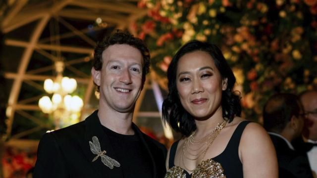 This photograph released by the Reliance group shows Mark Zuckerberg, left, and his wife Priscilla Chan at a pre-wedding bash of billionaire industrialist Mukesh Ambani's son Anant Ambani in Jamnagar, India, Friday, Mar. 01, 2024. (Reliance group via AP)