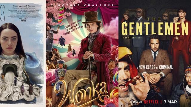 This combination of photos shows promotional art for the films "Poor Things," left, "Wonka," center, and the Netflix series "The Gentlemen." (Searchlight/Warner Bros./Netflix via AP) This combination of photos shows promotional art for the films "Poor Things," left, "Wonka," center, and the Netflix series "The Gentlemen." (Searchlight/Warner Bros./Netflix via AP)