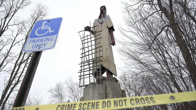 Police tape surrounds the Skowhegan Indian statue in Skowhegan, Maine on Tuesday March 5, 2024. The 62-foot-tall sculpture is currently missing an arm and part of its face, and it's believed to be due to the effects of the weather and a windstorm that left part of its face, an arm and a spear missing. (Rich Abrahamson /The Central Maine Morning Sentinel via AP) Police tape surrounds the Skowhegan Indian statue in Skowhegan, Maine on Tuesday March 5, 2024. The 62-foot-tall sculpture is currently missing an arm and part of its face, and it's believed to be due to the effects of the weather and a windstorm that left part of its face, an arm and a spear missing. (Rich Abrahamson /The Central Maine Morning Sentinel via AP)