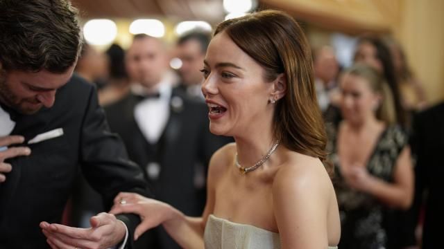 Dave McCary, left, and Emma Stone arrive at the Oscars on Sunday, March 10, 2024, at the Dolby Theatre in Los Angeles. (AP Photo/John Locher) Dave McCary, left, and Emma Stone arrive at the Oscars on Sunday, March 10, 2024, at the Dolby Theatre in Los Angeles. (AP Photo/John Locher)