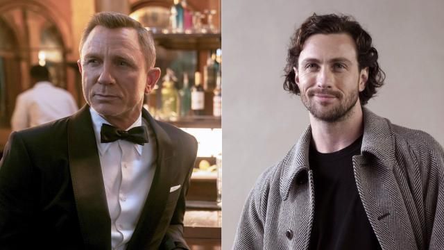 This combination of photos shows actor Daniel Craig as James Bond in a scene from "No Time To Die," left, and actor Aaron Taylor-Johnson at the Giorgio Armani women's Fall-Winter 2024-25 collection in Milan, Italy, on Feb. 25, 2024. (Metro Goldwyn Mayer Pictures via AP, left, and AP Photo/Luca Bruno) This combination of photos shows actor Daniel Craig as James Bond in a scene from "No Time To Die," left, and actor Aaron Taylor-Johnson at the Giorgio Armani women's Fall-Winter 2024-25 collection in Milan, Italy, on Feb. 25, 2024. (Metro Goldwyn Mayer Pictures via AP, left, and AP Photo/Luca Bruno)