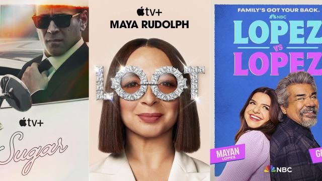 This combination of images shows promotional art for the series "Sugar," the comedy series "Loot," and the comedy series "Lopez vs Lopez." (Apple TV+/Apple TV+/NBC via AP) This combination of images shows promotional art for the series "Sugar," the comedy series "Loot," and the comedy series "Lopez vs Lopez." (Apple TV+/Apple TV+/NBC via AP)