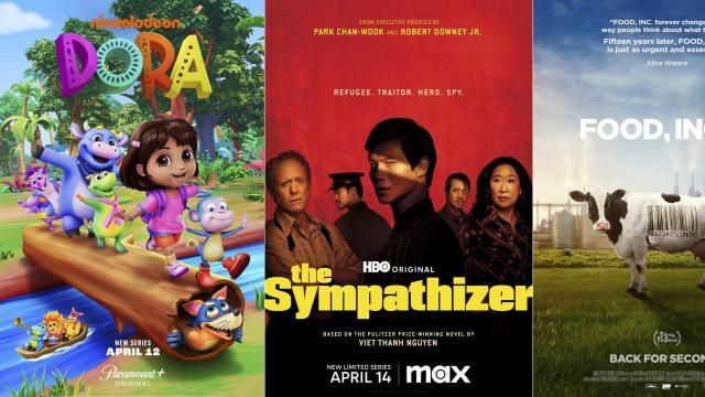 This combination of photos shows promotional art for the series "Dora," debuting April 12 on Paramount+, left, "The Sympathizer," a series premiering April 14 on Max, center, and the film "Food, Inc. 2," available April 12 on video-on-demand. (Paramount+/Max/Magnolia Pictures This combination of photos shows promotional art for the series "Dora," debuting April 12 on Paramount+, left, "The Sympathizer," a series premiering April 14 on Max, center, and the film "Food, Inc. 2," available April 12 on video-on-demand. (Paramount+/Max/Magnolia Pictures