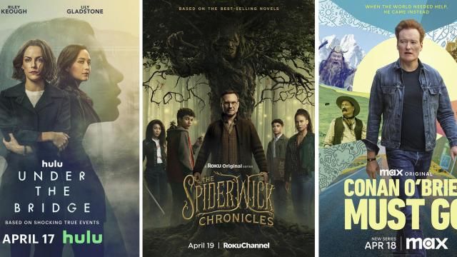 This combination of images show promotional art for upcoming shows "Under The Bridge," premiering April 17 on Hulu, "The Spiderwick Chronicles," premiering April 19 on The Roku Channel and "Conan O'Brien Must Go," premiering April 18 on MAX. (Hulu/The Roku Channel/MAX via AP) This combination of images show promotional art for upcoming shows "Under The Bridge," premiering April 17 on Hulu, "The Spiderwick Chronicles," premiering April 19 on The Roku Channel and "Conan O'Brien Must Go," premiering April 18 on MAX. (Hulu/The Roku Channel/MAX via AP)