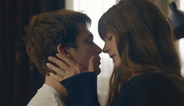 This image released by Prime shows Nicholas Galitzine, left, and Anne Hathaway in a scene from "The Idea of You." (Prime via AP)