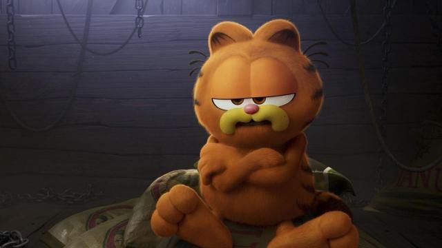 This image released by Sony Pictures shows Garfield, voiced by Chris Pratt, in a scene from the animated film "The Garfield Movie." (Columbia Pictures/Sony via AP)