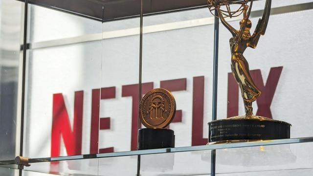 Awards, including an Emmy, are displayed at Netflix headquarters Los Gatos, Calif. on March 7, 2024. Netflix wins awards for its shows like a Hollywood studio, but still relies on the sophisticated technology of a Silicon Valley company to reel in viewers and subscribers. (AP Photo/Mike Liedtke)