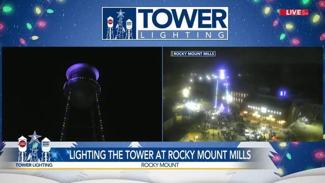 Lighting the tower at Rocky Mount Mills