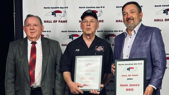Bruce, Jeff and Sam Jones are honored at the North Carolina Bar-B-Q Hall of Fame on March 1, 2024. (Courtesy photo)