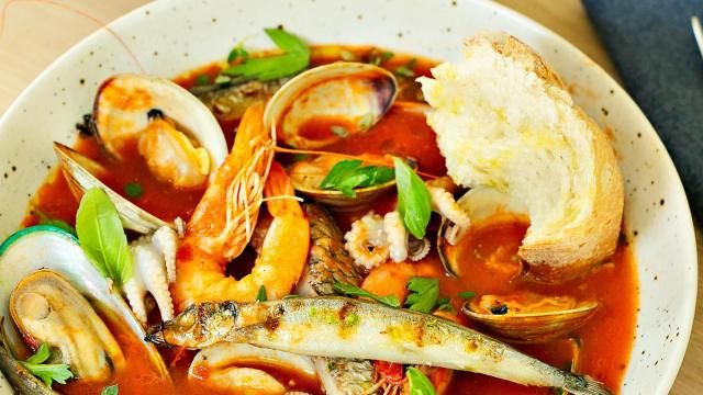 Brodeto with fish, clams, mussels, prawns and octopus and grilled hearth bread (Jessica Crawford)
