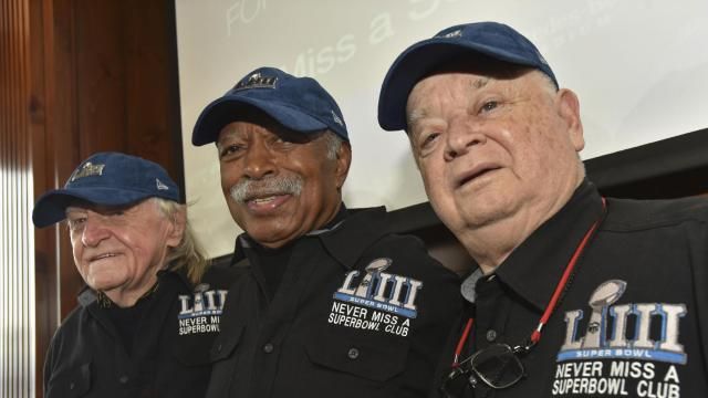 FILE - Members of the Never Miss a Super Bowl Club, from the left, Tom Henschel, Gregory Eaton, and Don Crisman pose for a group photograph during a welcome luncheon, in Atlanta, Friday, Feb. 1, 2019. As long as they still have each other, they're still going to go to every Super Bowl. That's the sentiment shared by the three friends who say they are the final fans who can claim membership in the exclusive “never missed a Super Bowl” club. And they're back again for number 58 — Super Bowl 58 — this year. (Hyosub Shin/Atlanta Journal-Constitution via AP, File) FILE - Members of the Never Miss a Super Bowl Club, from the left, Tom Henschel, Gregory Eaton, and Don Crisman pose for a group photograph during a welcome luncheon, in Atlanta, Friday, Feb. 1, 2019. As long as they still have each other, they're still going to go to every Super Bowl. That's the sentiment shared by the three friends who say they are the final fans who can claim membership in the exclusive “never missed a Super Bowl” club. And they're back again for number 58 — Super Bowl 58 — this year. (Hyosub Shin/Atlanta Journal-Constitution via AP, File)