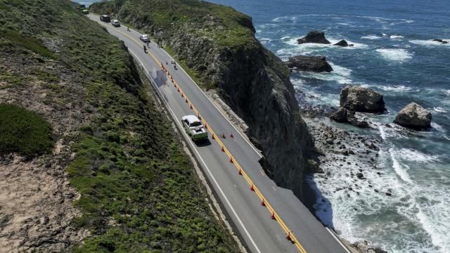 A portion of Highway 1 is seen collapsed near Rocky Creek Bridge in Monterey County on Monday, April 1, 2024. An Easter weekend storm caused the collapse as part of one lane crumbled into the ocean south of the bridge at Palo Colorado on Saturday.(Brontë Wittpenn/San Francisco Chronicle via AP) A portion of Highway 1 is seen collapsed near Rocky Creek Bridge in Monterey County on Monday, April 1, 2024. An Easter weekend storm caused the collapse as part of one lane crumbled into the ocean south of the bridge at Palo Colorado on Saturday.(Brontë Wittpenn/San Francisco Chronicle via AP)