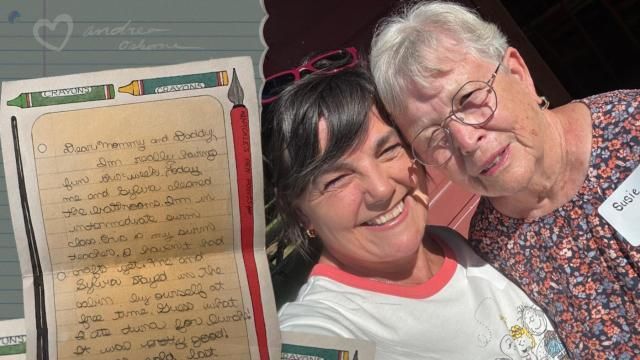 Andrea and her beloved Quaker Lake Camp leader Susie at the 75th anniversary celebration in June 2025, alongside a letter Andrea wrote to her parents from camp in the early 1980s.
