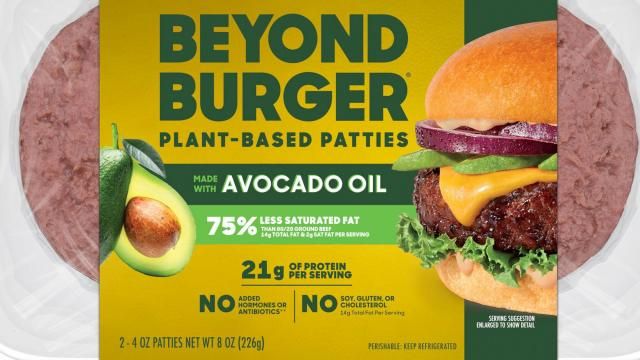 This image provided by Beyond Meat shows packaging for the latest iteration of the plant-based Beyond Burger. Beyond Meat, which has been struggling with falling U.S. demand, reformulated its burger to contain less fat and more protein. (Beyond Meat, Inc. via AP) This image provided by Beyond Meat shows packaging for the latest iteration of the plant-based Beyond Burger. Beyond Meat, which has been struggling with falling U.S. demand, reformulated its burger to contain less fat and more protein. (Beyond Meat, Inc. via AP)