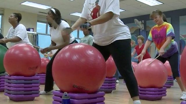 Drummers pound way through fitness class