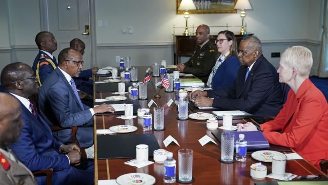 Kenya's Defense Minister Aden Duale, center left, speaks during a meeting with Defense Secretary Lloyd Austin, center right, at the Pentagon in Washington, Wednesday, Feb. 7, 2024. (AP Photo/Susan Walsh) Kenya's Defense Minister Aden Duale, center left, speaks during a meeting with Defense Secretary Lloyd Austin, center right, at the Pentagon in Washington, Wednesday, Feb. 7, 2024. (AP Photo/Susan Walsh)