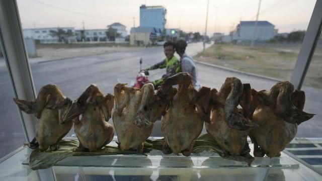 Local boys drive a motorcycle passing a grilled chickens are on sale in a shop outside Phnom Penh, Cambodia, Monday, Feb. 12, 2024. Cambodia reports a new bird flu case, the brother of a 9-year-old who died of the virus last week. (AP Photo/Heng Sinith) Local boys drive a motorcycle passing a grilled chickens are on sale in a shop outside Phnom Penh, Cambodia, Monday, Feb. 12, 2024. Cambodia reports a new bird flu case, the brother of a 9-year-old who died of the virus last week. (AP Photo/Heng Sinith)