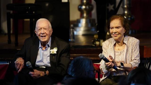FILE- Former President Jimmy Carter and his wife former First Lady Rosalynn Carter sit together during a reception to celebrate their 75th anniversary Saturday, July 10, 2021, in Plains, Ga. In the year since Jimmy Carter first entered home hospice care, the 39th president has celebrated his 99th birthday, enjoyed tributes to his legacy and outlived his wife of 77 years. Rosalynn Carter, who died in November 2023 after suffering from dementia, spent just a few days under hospice. (AP Photo/John Bazemore, Pool, File) FILE- Former President Jimmy Carter and his wife former First Lady Rosalynn Carter sit together during a reception to celebrate their 75th anniversary Saturday, July 10, 2021, in Plains, Ga. In the year since Jimmy Carter first entered home hospice care, the 39th president has celebrated his 99th birthday, enjoyed tributes to his legacy and outlived his wife of 77 years. Rosalynn Carter, who died in November 2023 after suffering from dementia, spent just a few days under hospice. (AP Photo/John Bazemore, Pool, File)