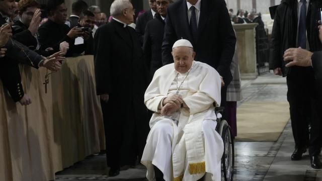 Pope Francis leaves after presiding over the liturgy of the ashes in the Basilica of Santa Sabina in Rome on Ash Wednesday, Feb. 14, 2024. (AP Photo/Gregorio Borgia) Pope Francis leaves after presiding over the liturgy of the ashes in the Basilica of Santa Sabina in Rome on Ash Wednesday, Feb. 14, 2024. (AP Photo/Gregorio Borgia)