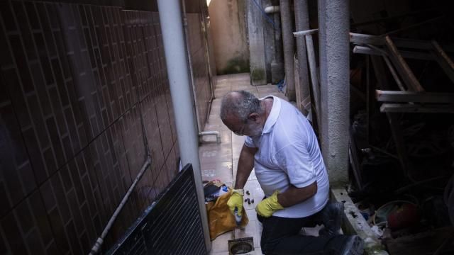 Augusto Cesar, a city worker who combats endemic diseases, pours larvicide down a home's drain where mosquitoes can breed, to help eradicate the Aedes aegypti mosquito which can spread dengue, in the Morro da Penha favela of Niteroi, Brazil, Friday, March 1, 2024. (AP Photo/Bruna Prado) Augusto Cesar, a city worker who combats endemic diseases, pours larvicide down a home's drain where mosquitoes can breed, to help eradicate the Aedes aegypti mosquito which can spread dengue, in the Morro da Penha favela of Niteroi, Brazil, Friday, March 1, 2024. (AP Photo/Bruna Prado)