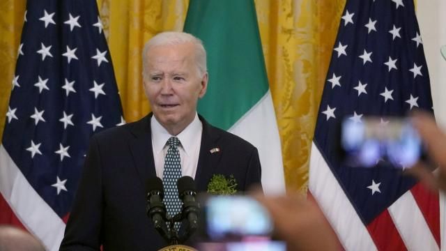 President Joe Biden speaks during a St. Patrick's Day reception in the East Room of the White House, Sunday, March 17, 2024. (AP Photo/Stephanie Scarbrough) President Joe Biden speaks during a St. Patrick's Day reception in the East Room of the White House, Sunday, March 17, 2024. (AP Photo/Stephanie Scarbrough)
