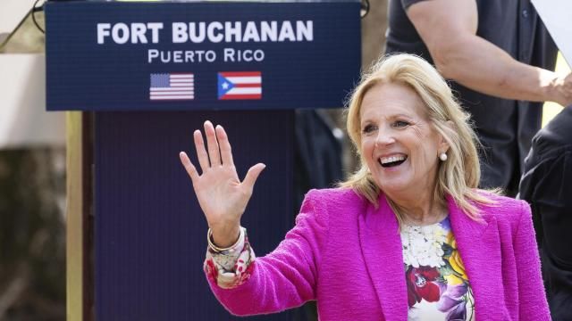 First Lady Jill Biden waves to attendees during an event with military families at Fort Buchanan in San Juan, Puerto Rico, Sunday, March. 17, 2024. (AP Photo/Alejandro Granadillo) First Lady Jill Biden waves to attendees during an event with military families at Fort Buchanan in San Juan, Puerto Rico, Sunday, March. 17, 2024. (AP Photo/Alejandro Granadillo)