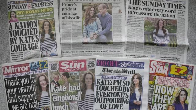 A montage of the front pages of some of Britain's Sunday newspapers pictured in London, Sunday, March 24, 2024. Support has poured in from around the world for Kate, the Princess of Wales, after she revealed in a candid video message that she is undergoing chemotherapy for cancer following major abdominal surgery. (AP Photo/Alastair Grant) A montage of the front pages of some of Britain's Sunday newspapers pictured in London, Sunday, March 24, 2024. Support has poured in from around the world for Kate, the Princess of Wales, after she revealed in a candid video message that she is undergoing chemotherapy for cancer following major abdominal surgery. (AP Photo/Alastair Grant)