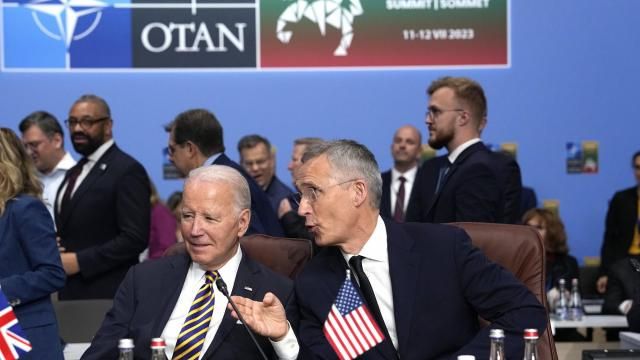FILE - NATO Secretary General Jens Stoltenberg, right, speaks with United States President Joe Biden during a meeting of the NATO-Ukraine Council during a NATO summit in Vilnius, Lithuania, July 12, 2023. The Pentagon confirms that a senior Defense Department official who attended last years’ NATO summit in Lithuania had symptoms similar to those reported by U.S. officials who have experienced “Havana syndrome." (AP Photo/Pavel Golovkin, File) FILE - NATO Secretary General Jens Stoltenberg, right, speaks with United States President Joe Biden during a meeting of the NATO-Ukraine Council during a NATO summit in Vilnius, Lithuania, July 12, 2023. The Pentagon confirms that a senior Defense Department official who attended last years’ NATO summit in Lithuania had symptoms similar to those reported by U.S. officials who have experienced “Havana syndrome." (AP Photo/Pavel Golovkin, File)