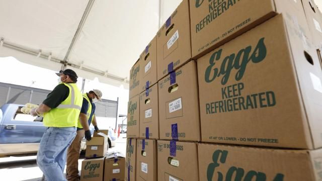 FILE - Cases of eggs from Cal-Maine Foods, Inc., await to be handed out by the Mississippi Department of Agriculture and Commerce employees at the Mississippi State Fairgrounds in Jackson, Miss., on Aug. 7, 2020. The largest producer of fresh eggs in the United States said Tuesday, April 2, 2024 that it has stopped production at a Texas plant after bird flu was found in chickens there. Cal-Maine Foods, Inc. said in a statement that approximately 1.6 million laying hens and 337,000 pullets, about 3.6% of its total flock, were destroyed after the infection, avian influenza, was found at the facility in Parmer County, Texas. (AP Photo/Rogelio V. Solis, file) FILE - Cases of eggs from Cal-Maine Foods, Inc., await to be handed out by the Mississippi Department of Agriculture and Commerce employees at the Mississippi State Fairgrounds in Jackson, Miss., on Aug. 7, 2020. The largest producer of fresh eggs in the United States said Tuesday, April 2, 2024 that it has stopped production at a Texas plant after bird flu was found in chickens there. Cal-Maine Foods, Inc. said in a statement that approximately 1.6 million laying hens and 337,000 pullets, about 3.6% of its total flock, were destroyed after the infection, avian influenza, was found at the facility in Parmer County, Texas. (AP Photo/Rogelio V. Solis, file)