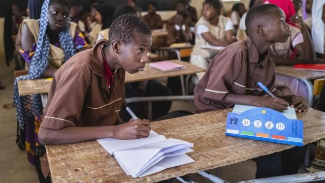 Mouhamed Sall, who is deaf, attends class at the Guinaw Rail Sud public high school in Pikine, Senegal, Monday, March 18, 2024. Sall and three other students are part of a new approach in a small number of schools in Senegal that seat those who are deaf and hard of hearing with the rest of the class. (AP Photo/Sylvain Cherkaoui) Mouhamed Sall, who is deaf, attends class at the Guinaw Rail Sud public high school in Pikine, Senegal, Monday, March 18, 2024. Sall and three other students are part of a new approach in a small number of schools in Senegal that seat those who are deaf and hard of hearing with the rest of the class. (AP Photo/Sylvain Cherkaoui)