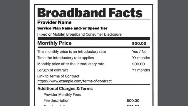 This image provided by the Federal Communications Commission shows a portion of a blank, sample broadband consumer label. Much like nutritional labels on food products, “broadband labels” for internet packages will soon tell you just what is going into the pricing of your service, thanks to new rules adopted by the Federal Communications Commission this week. (FCC via AP) This image provided by the Federal Communications Commission shows a portion of a blank, sample broadband consumer label. Much like nutritional labels on food products, “broadband labels” for internet packages will soon tell you just what is going into the pricing of your service, thanks to new rules adopted by the Federal Communications Commission this week. (FCC via AP)
