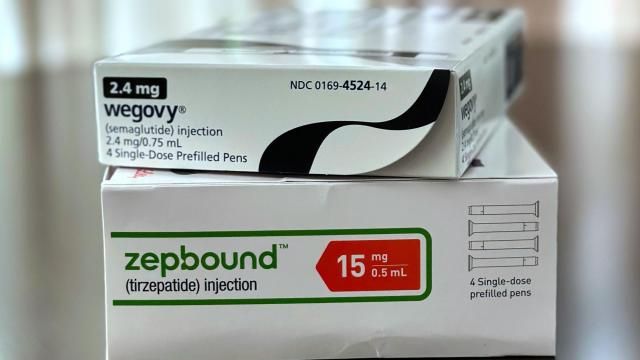 Boxes for the medications Wegovy and Zepbound are arranged for a photograph in California on Thursday, May 8, 2025. (AP Photo/JoNel Aleccia)