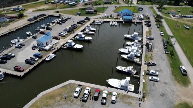 Drone footage of boats in Wanchese, North Carolina.