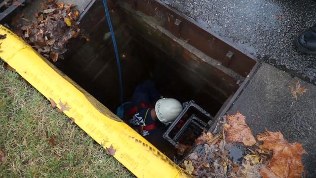 RAW: Clayton firefighters rescue kitten from storm drain