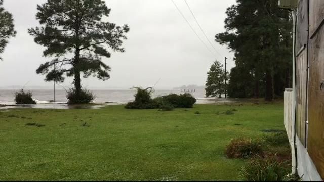 Viewer video: Waves crash over sea wall in Pamlico County