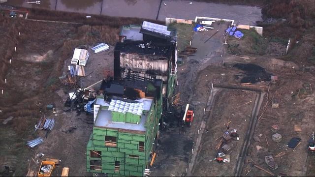 Sky 5 flies over aftermath of large fire at new Durham townhome complex