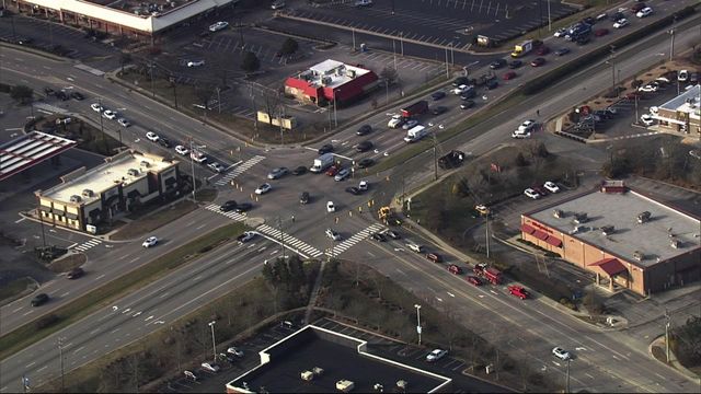 Sky 5 flies over concrete truck spill in Knightdale