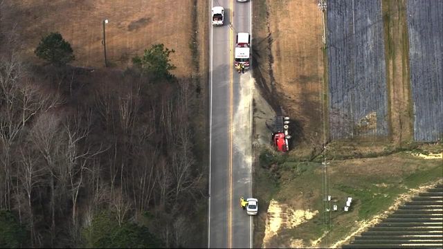 Overturned dump truck closes NC-42 in Wake County
