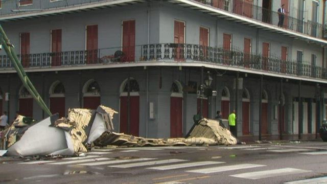 Debris and damage in New Orleans French Quarter from Hurricane Ida 