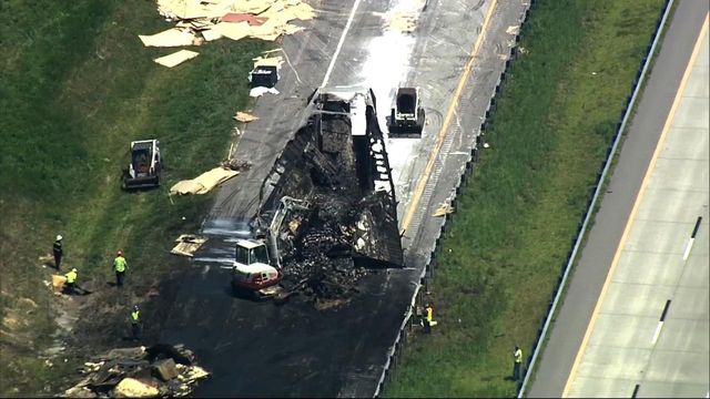 Sky 5: Tractor trailer scorched in fire on I-85 near Virginia