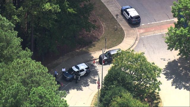 Sky 5 flies over Wake County Human Services building after shooting hospitalizes woman