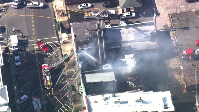 Sky 5 flies over fire in downtown Oxford