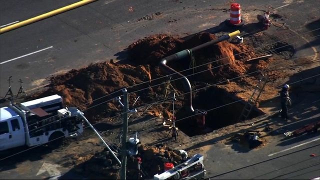 Sky 5 flies over a gas leak in Fayetteville, where a major road is still closed more than 15 hours after the leak began