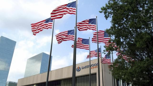 FILE - Flags fly in front of the Lakewood Church in Houston, June 28, 2005. Police in Texas said Sunday, Feb. 11, 2024, that they were responding to a possible shooting at the Houston megachurch run by celebrity pastor Joel Osteen. (AP Photo/Pat Sullivan, File) FILE - Flags fly in front of the Lakewood Church in Houston, June 28, 2005. Police in Texas said Sunday, Feb. 11, 2024, that they were responding to a possible shooting at the Houston megachurch run by celebrity pastor Joel Osteen. (AP Photo/Pat Sullivan, File)