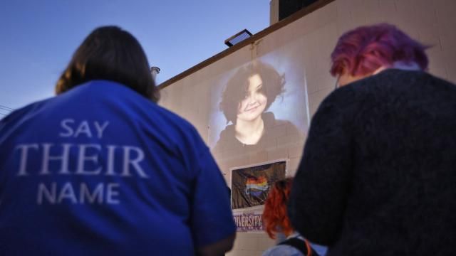 A photograph of Nex Benedict, a nonbinary teenager who died one day after a fight in a high school bathroom, is projected during a candlelight service at Point A Gallery, Saturday, Feb. 24, 2024, in Oklahoma City. (Nate Billings/The Oklahoman via AP) A photograph of Nex Benedict, a nonbinary teenager who died one day after a fight in a high school bathroom, is projected during a candlelight service at Point A Gallery, Saturday, Feb. 24, 2024, in Oklahoma City. (Nate Billings/The Oklahoman via AP)