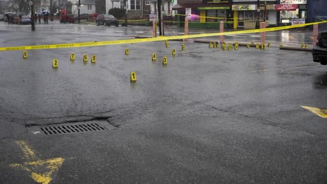 Evidence markers are seen following a shooting in Northeast Philadelphia on Wednesday, March 6, 2024. Four shootings over four days in Philadelphia left three dead and 12 injured, many of them children — violence that put renewed focus on safety within the sprawling mass transit system and gave ammunition to critics of the city's progressive chief prosecutor. (AP Photo/Joe Lamberti) Evidence markers are seen following a shooting in Northeast Philadelphia on Wednesday, March 6, 2024. Four shootings over four days in Philadelphia left three dead and 12 injured, many of them children — violence that put renewed focus on safety within the sprawling mass transit system and gave ammunition to critics of the city's progressive chief prosecutor. (AP Photo/Joe Lamberti)