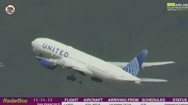 In this image taken from video provided by Cali Planes, a United Airlines Boeing 777 bound for Japan loses a tire as it takes off from San Francisco International Airport, Thursday, March 7, 2024. The plane made a safe emergency landing in Los Angeles. (Cali Planes via AP) In this image taken from video provided by Cali Planes, a United Airlines Boeing 777 bound for Japan loses a tire as it takes off from San Francisco International Airport, Thursday, March 7, 2024. The plane made a safe emergency landing in Los Angeles. (Cali Planes via AP)
