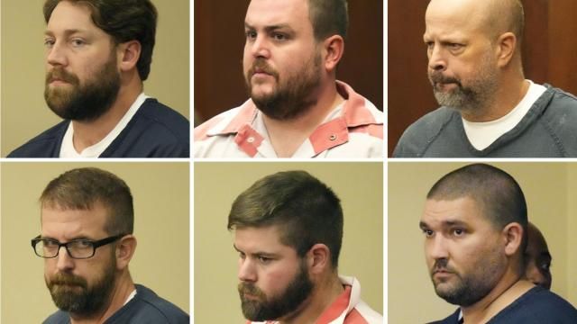 FILE - This combination of photos shows, from top left, former Rankin County sheriff's deputies Hunter Elward, Christian Dedmon, Brett McAlpin, Jeffrey Middleton, Daniel Opdyke and former Richland police officer Joshua Hartfield appearing at the Rankin County Circuit Court in Brandon, Miss., Aug. 14, 2023. Two Black men who were tortured for hours by the six Mississippi law enforcement officers in 2023 called Monday, March 18, 2024, for a federal judge to impose the strictest possible penalties at their sentencings this week. (AP Photo/Rogelio V. Solis, File) FILE - This combination of photos shows, from top left, former Rankin County sheriff's deputies Hunter Elward, Christian Dedmon, Brett McAlpin, Jeffrey Middleton, Daniel Opdyke and former Richland police officer Joshua Hartfield appearing at the Rankin County Circuit Court in Brandon, Miss., Aug. 14, 2023. Two Black men who were tortured for hours by the six Mississippi law enforcement officers in 2023 called Monday, March 18, 2024, for a federal judge to impose the strictest possible penalties at their sentencings this week. (AP Photo/Rogelio V. Solis, File)